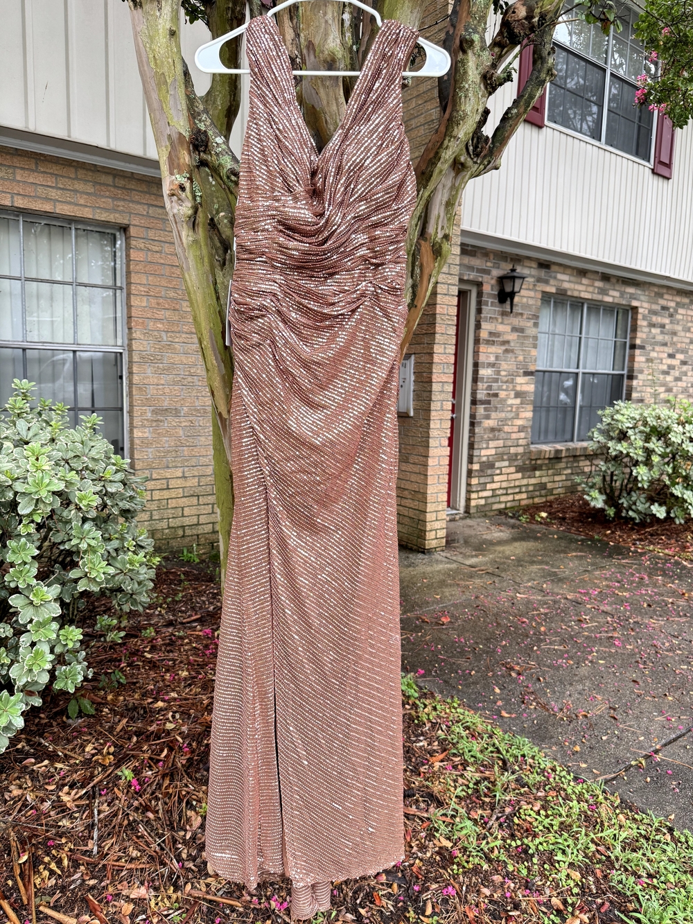 Elegant Rose Gold Evening Gown with Draped V-Neck
